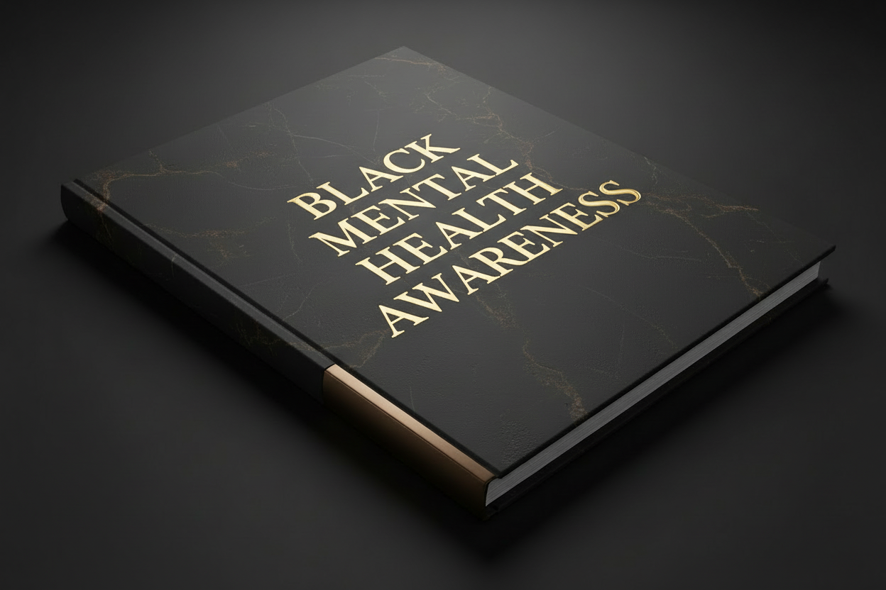 Black slightly marbled book with gold lettering that say Black Mental Health Awareness on the cover